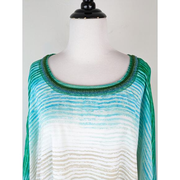Chico's Poncho Top Beaded Green Ombre Striped Boho Vacation Summer Size S/M - Picture 7 of 15